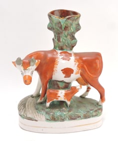 Staffordshire cow with calf spill vase,