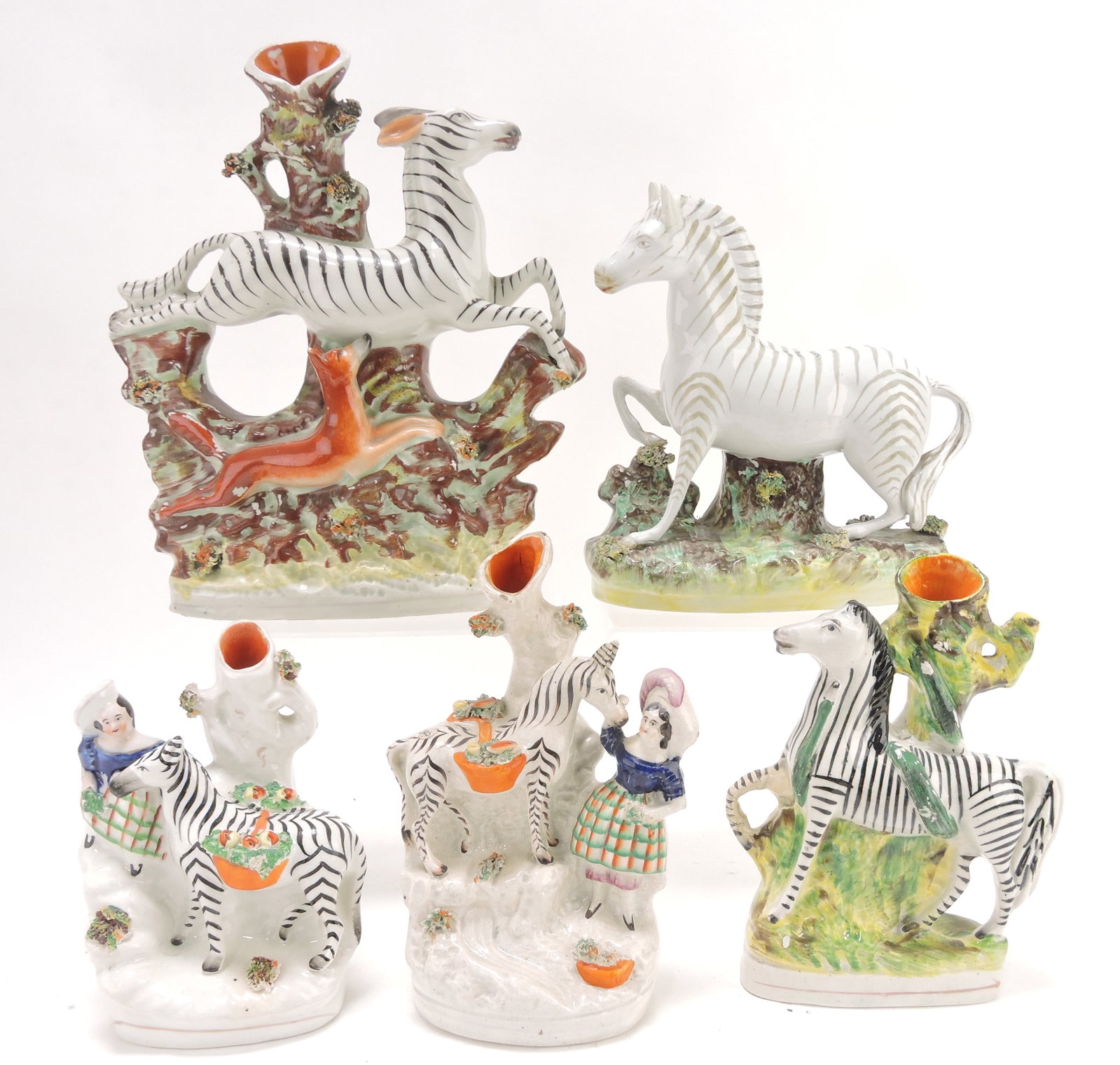 Staffordshire lot of 5 zebra striped: horse figures, 6" to 10", various condition