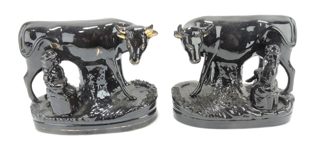 Staffordshire pair of Jackfield cows