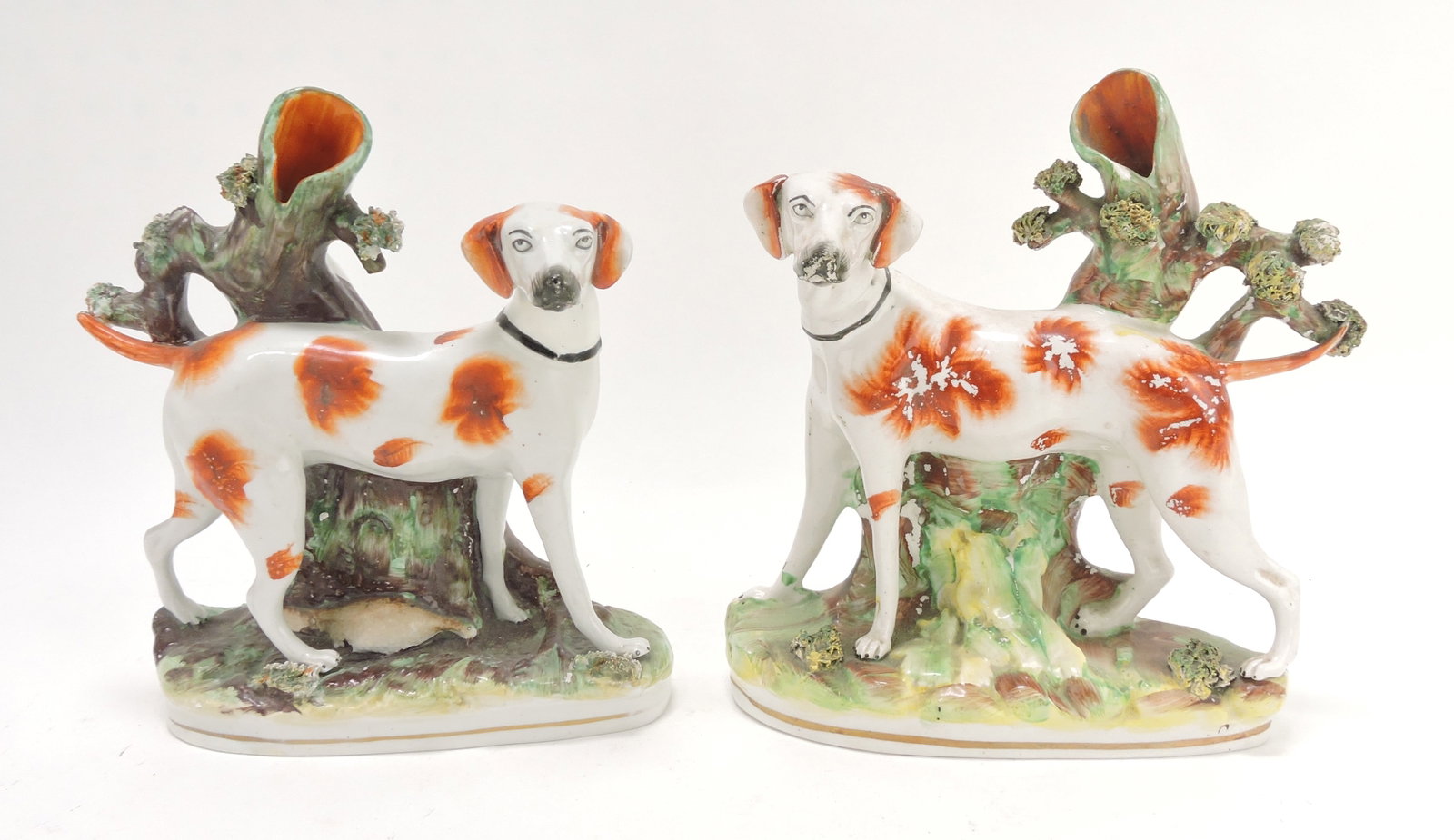 Staffordshire lot of 2 dog spill vases,: 9", some paint loss to right dog