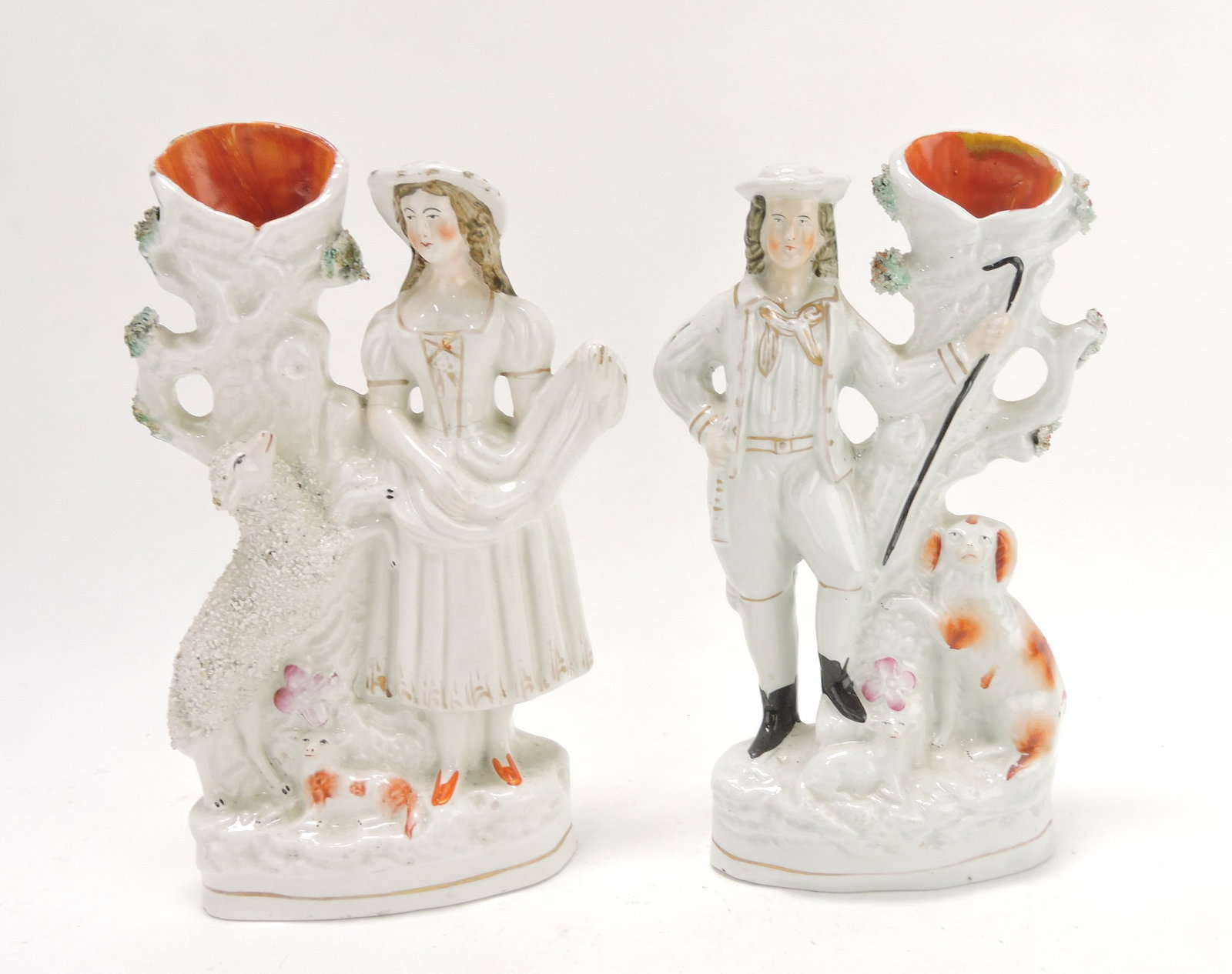 Staffordshire pair of spill vases: with Royal children, sheep, and dog, 10 1/2"