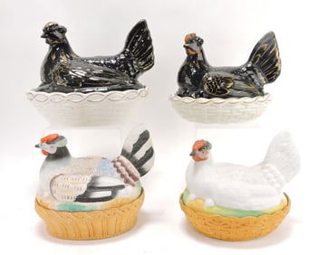 Staffordshire lot of 4 hens on nests,