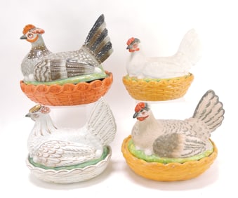 Staffordshire lot of 4 hens on nests,