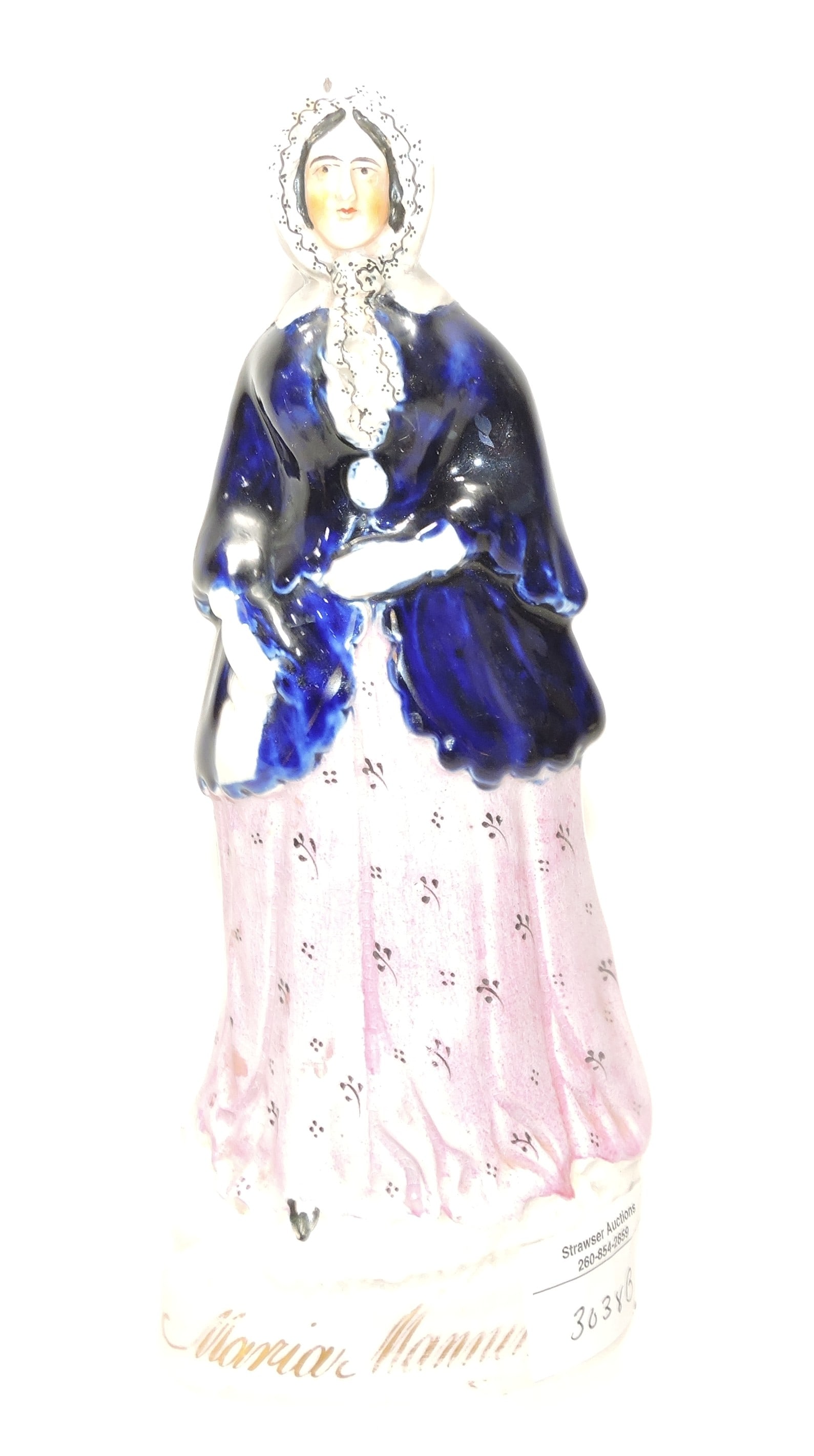 Rare, gilt-script titled Staffordshire figure of Maria Manning,: 9"
