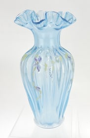 Fenton blue floral enameled vase,