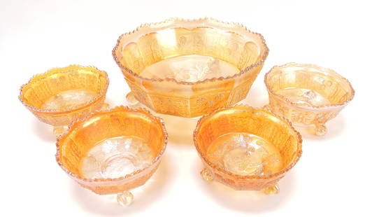 Fenton marigold carnival glass: butterfly and berry 5 pc berry set, 8 1/2" and 5"