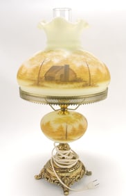 Fenton student lamp with log cabin