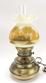 Fenton hurricane lamp with log cabin
