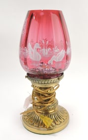 Fenton hurricane lamp with cranberry