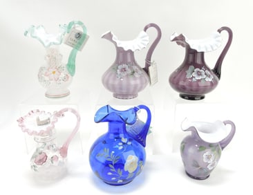 Fenton lot of 6 floral enameled pitchers,