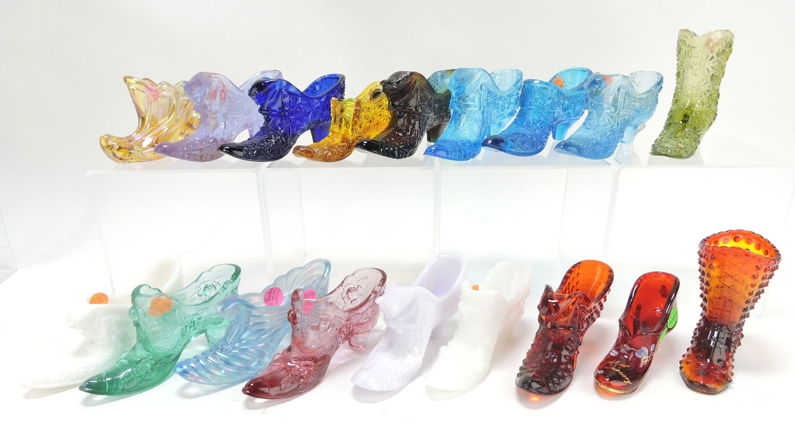Fenton and Boyd lot of 18 glass shoes,: slippers, and boots, 6"