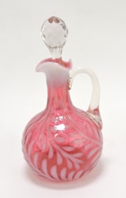 Cranberry opalescent fern cruet, 7"