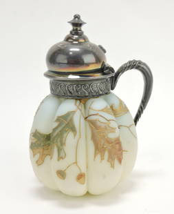 Mt. Washington melon ribbed: oak leaf and acorn enameled syrup pitcher, 5"