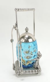 Blue glass floral enamel pickle castor