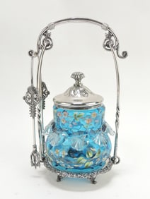 Blue glass floral enamel pickle castor