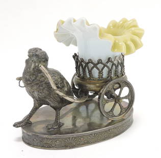Victorian silverplate chick with cart: toothpick holder, green/white cased glass insert, James Tuft holder, 4 1/2"h, 5"l