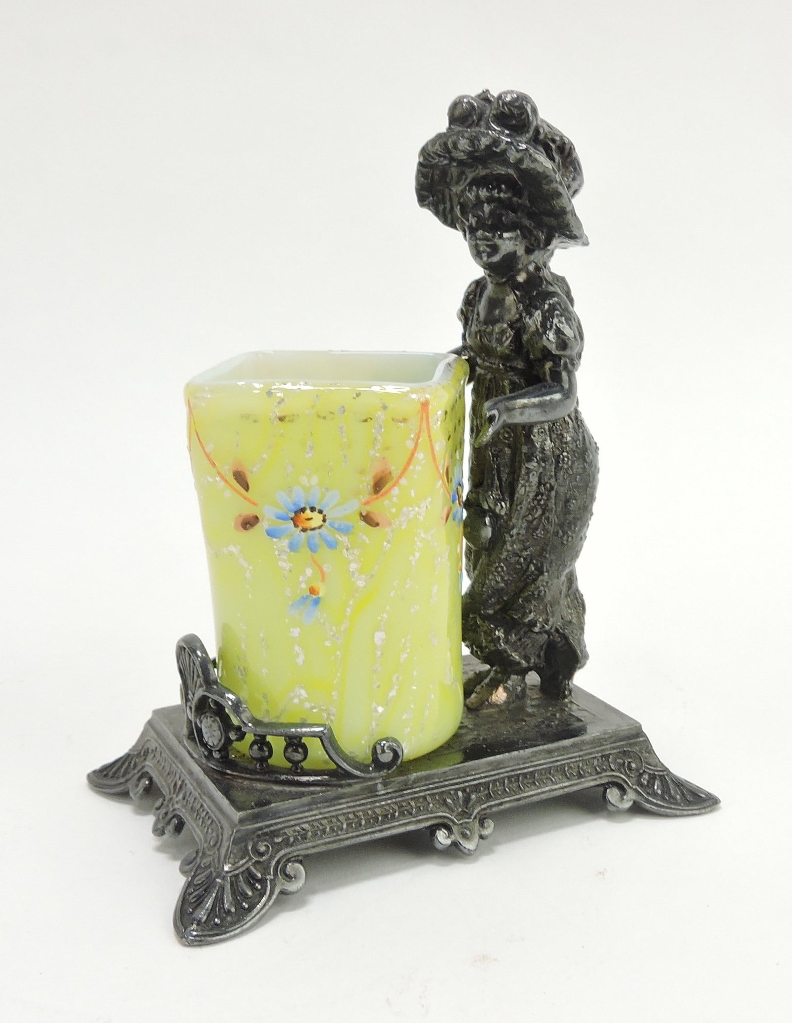 Tuft's Kate Greenway silverplate: frame with spangled glass floral enamel toothpick holder, 5"