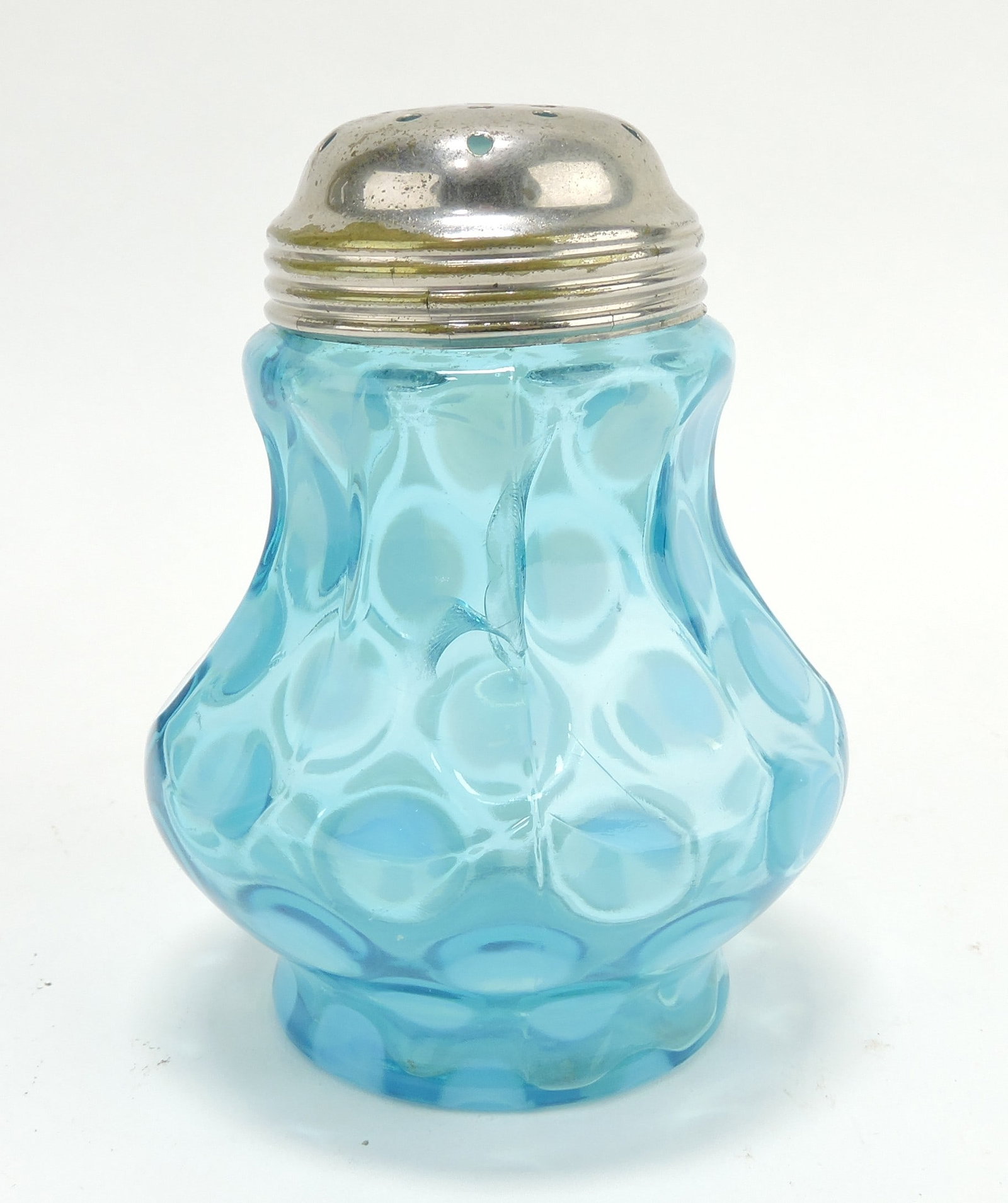 Fenton blue opalescent coin spot: sugar shaker, 4 1/4"