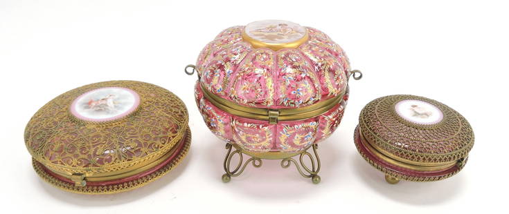 Moser cranberry enameled and: filagree lot of 3 dresser boxes, each with a hand painted porcelain insert with cherubs, 3 1/2"h, 5"d