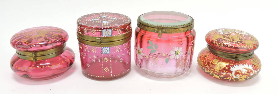 Moser cranberry floral enamel: lot of 4 dresser boxes, 3" to 4"d, one needs hinge soldered