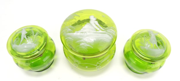 Mary Gregory lot of 3 green dresser