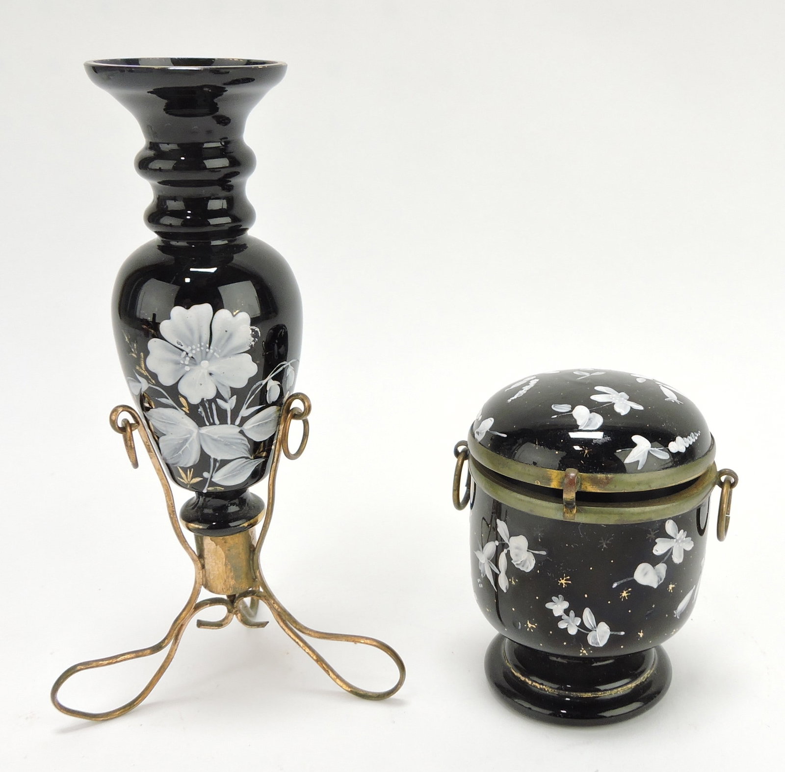 Black amethyst floral enamel vase: 7", and trinket box 3 1/2"