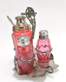 Cranberry glass 4 pc condiment set,