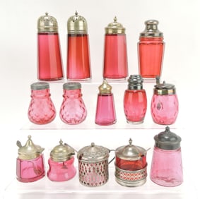 Cranberry glass lot of 14 condiments -