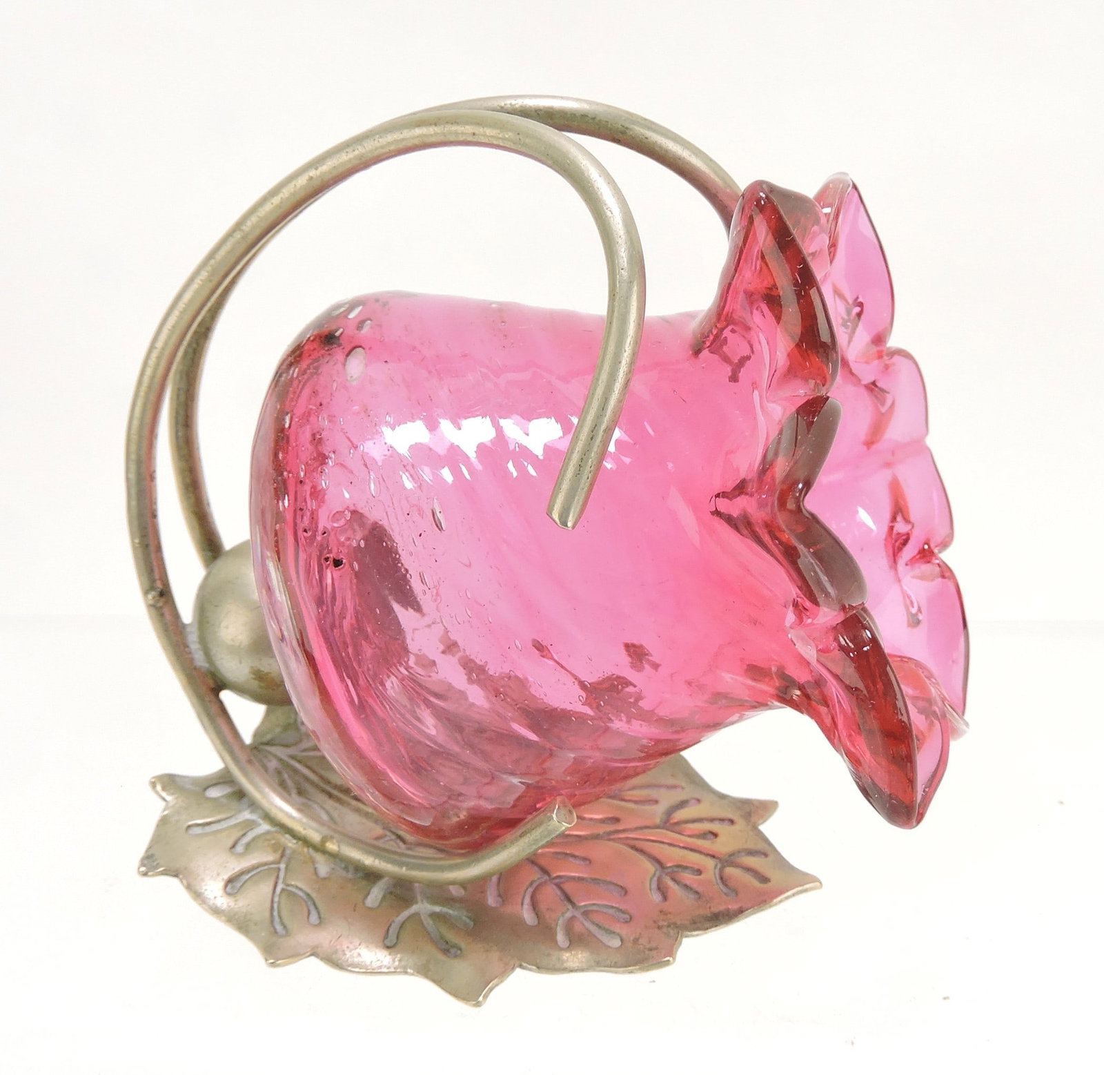 Cranberry rose bud blossom toothpick: holder with silverplate holder, 3"