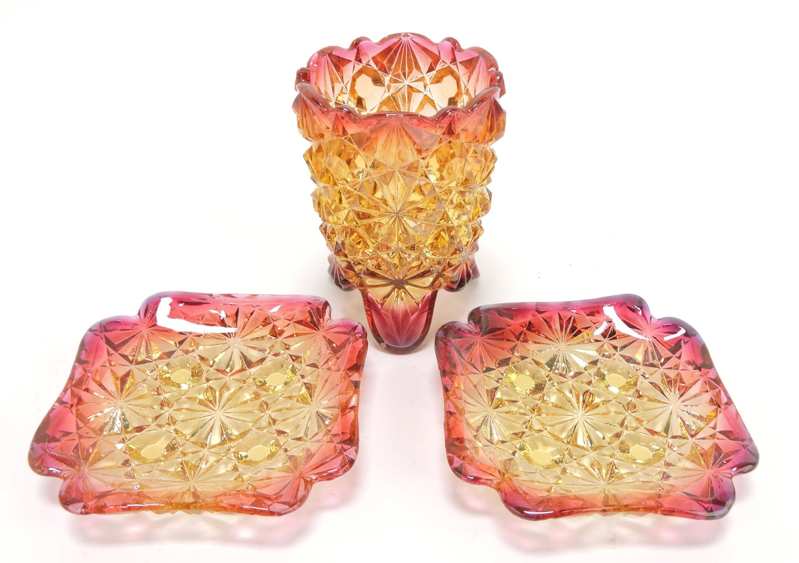 Amberina daisy & button toothpick: holder 2 3/4", and 2 - 2 3/4" butter pats