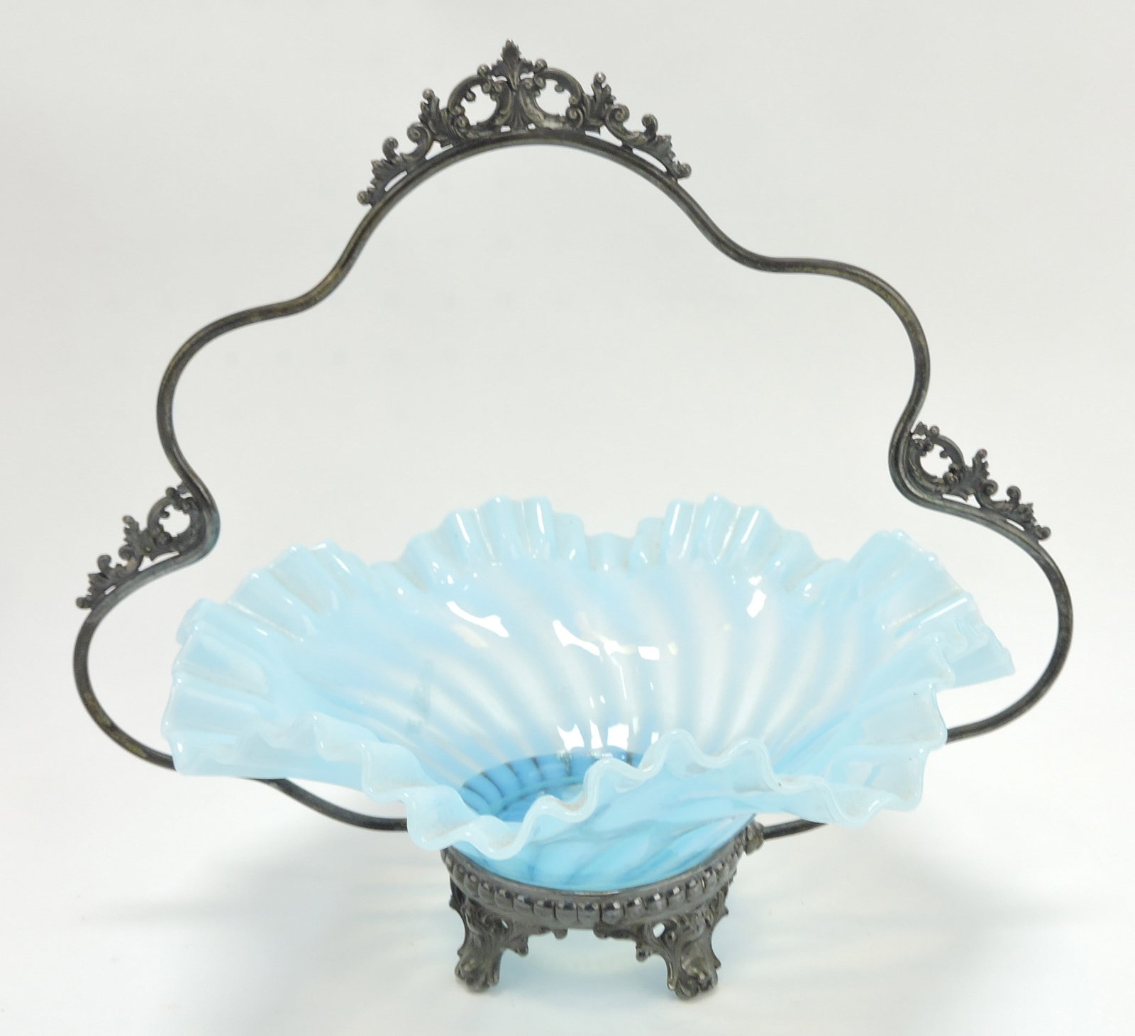 Blue opalescent swirl stripe bride's: basket, 10 1/2"h, 12"w