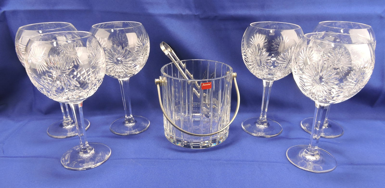 Baccarat crystal ice bucket 5", and: 6 - 8" Waterford goblets
