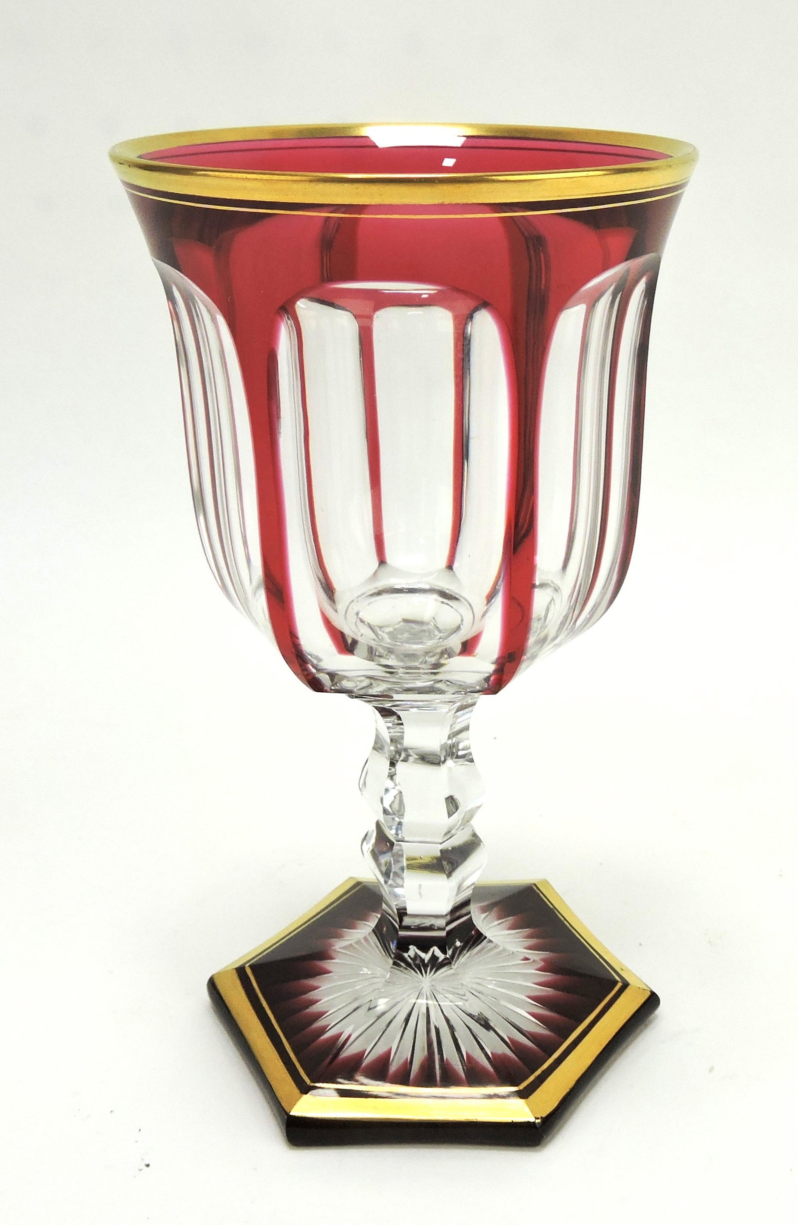 Ruby cut to clear wine goblet with: gold gilted rim, 6 3/4"