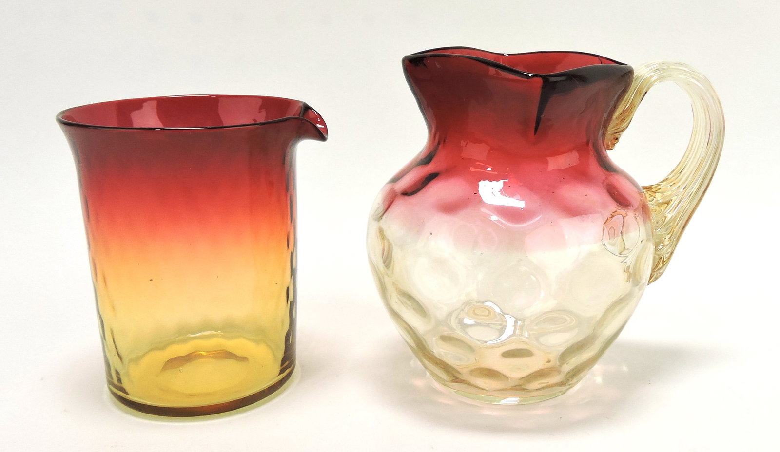 Amberina optic pattern beaker: creamer 4", and thumbprint creamer 4 1/2"