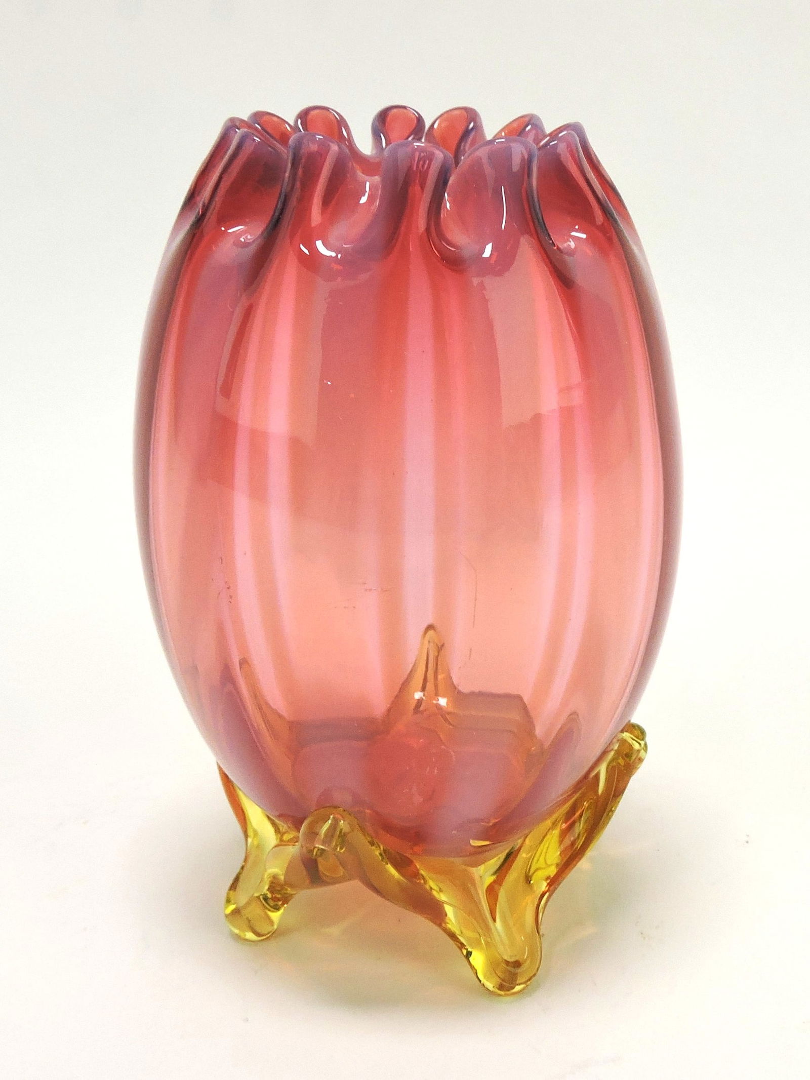 Cranberry opalescent stripe vase with (1 of 1)