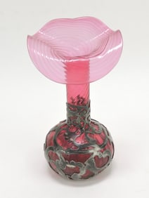 Cranberry 6 1/4" vase with silver overlay
