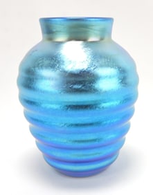 Durand blue ribbed vase, 6 1/2",