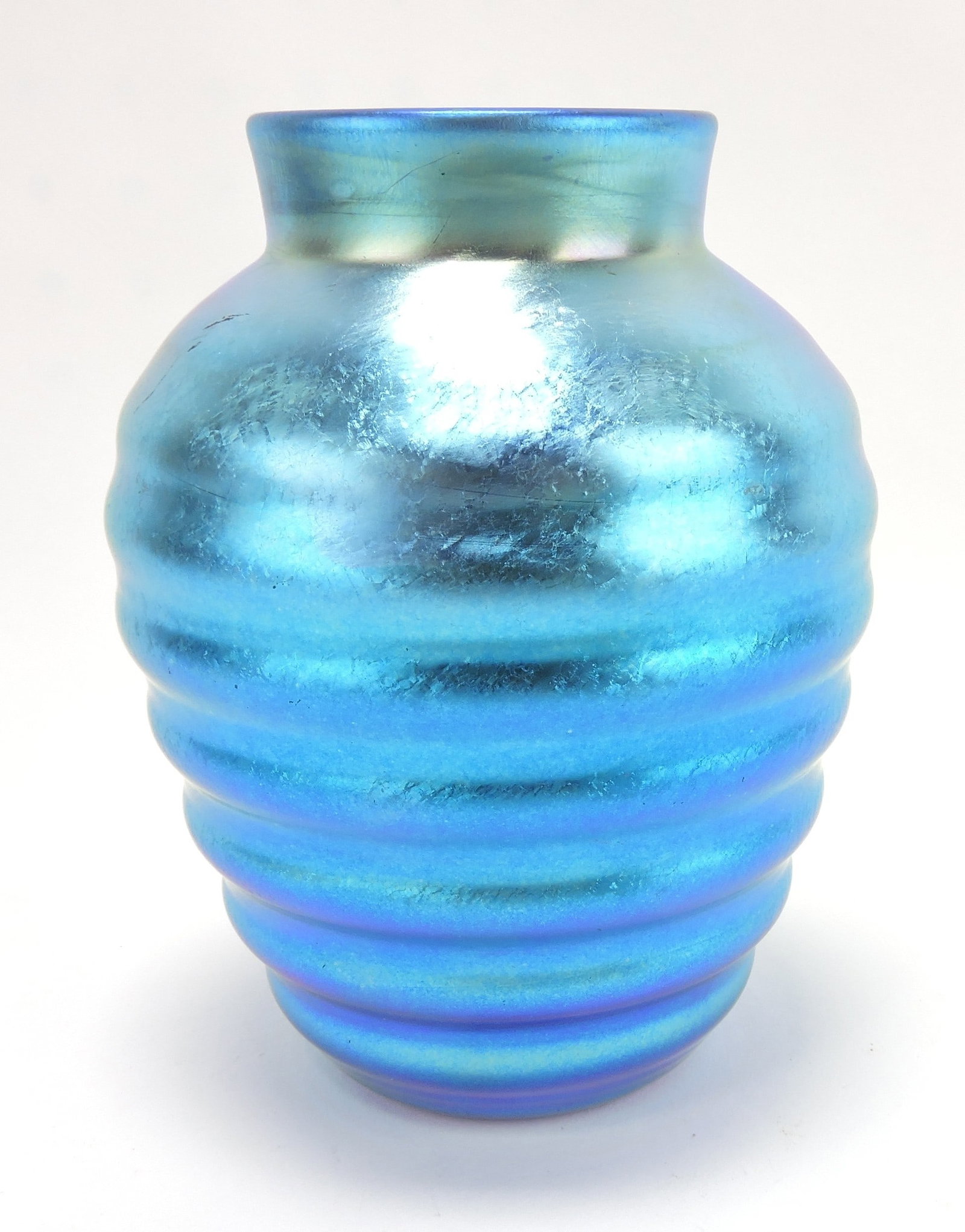 Durand blue ribbed vase, 6 1/2", (1 of 2)