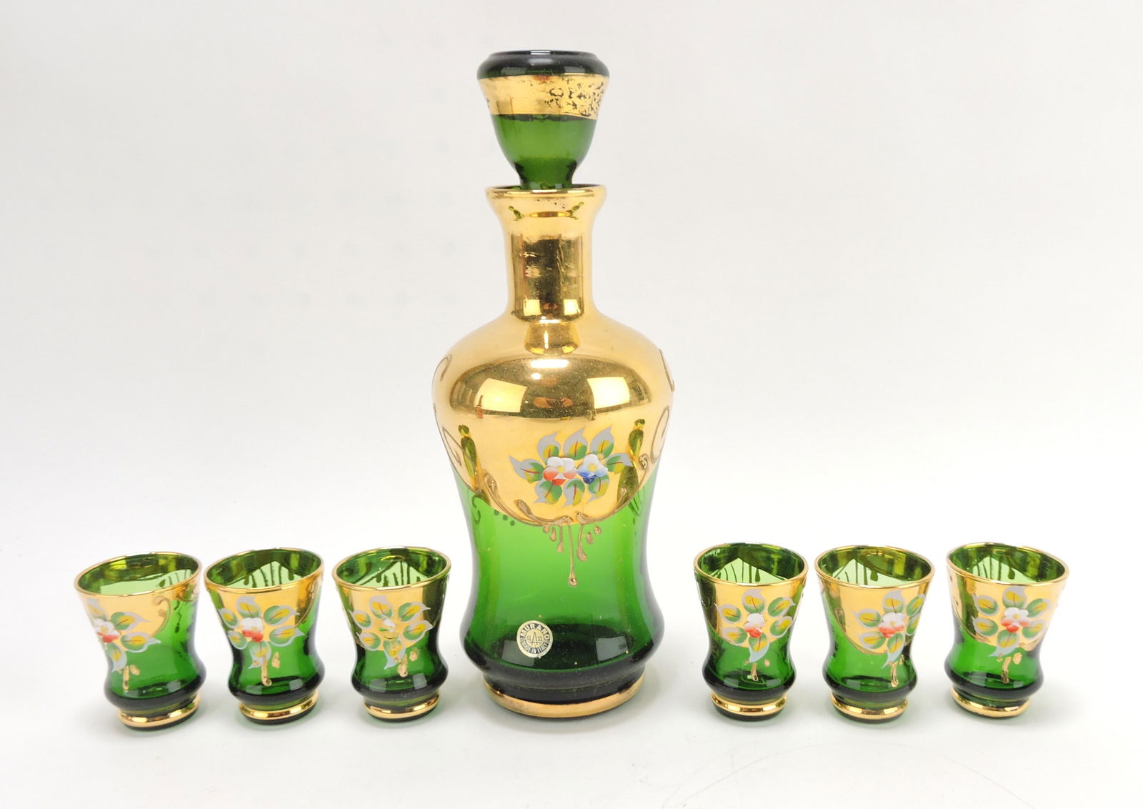Murano emerald green7 pc wine set: with gold and floral enamel, paper label, decanter 9", glass 2 1/4"
