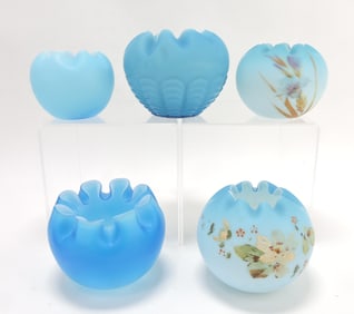 Blue satin glass lot of 5 rose bowls,