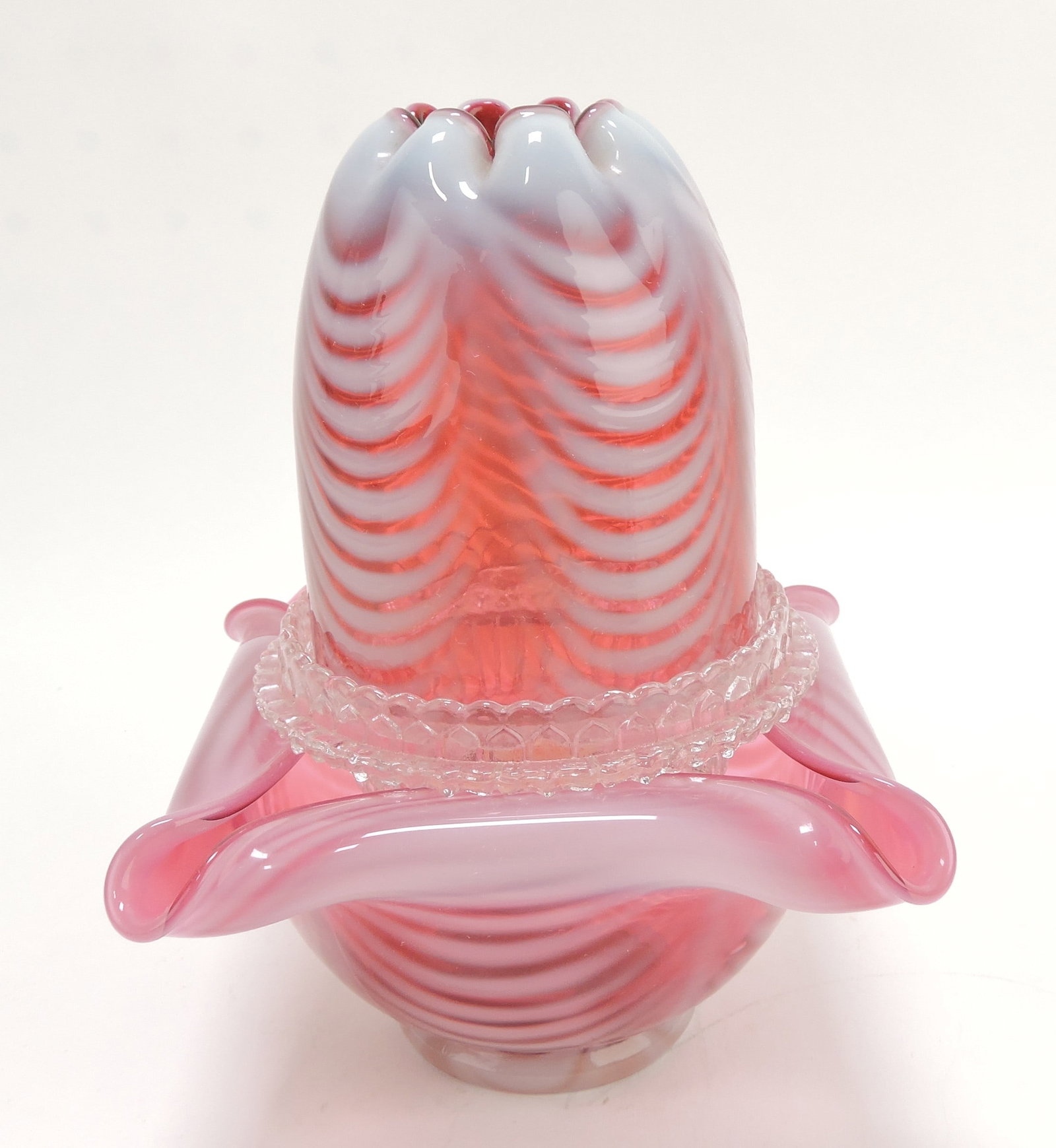 Fenton cranberry Nailsea fairy lamp,: 6 1/2"