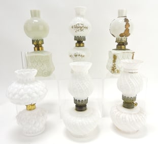 Milk glass lot of 6 miniature oil lamps,