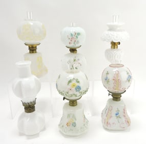 Milk glass lot of 6 miniature oil lamps,