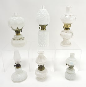 Milk glass lot of 6 miniature oil lamps,