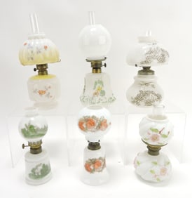 Milk glass lot of 6 miniature oil lamps,