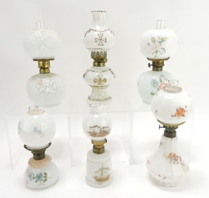 Milk glass lot of 6 miniature oil lamps,