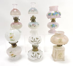 Milk glass lot of 6 miniature oil lamps,