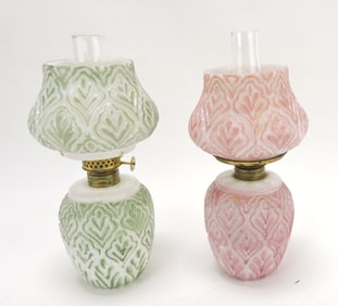 Milk glass lot of 2 miniature oil lamps,