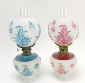 Milk glass lot of 2 miniature oil lamps,