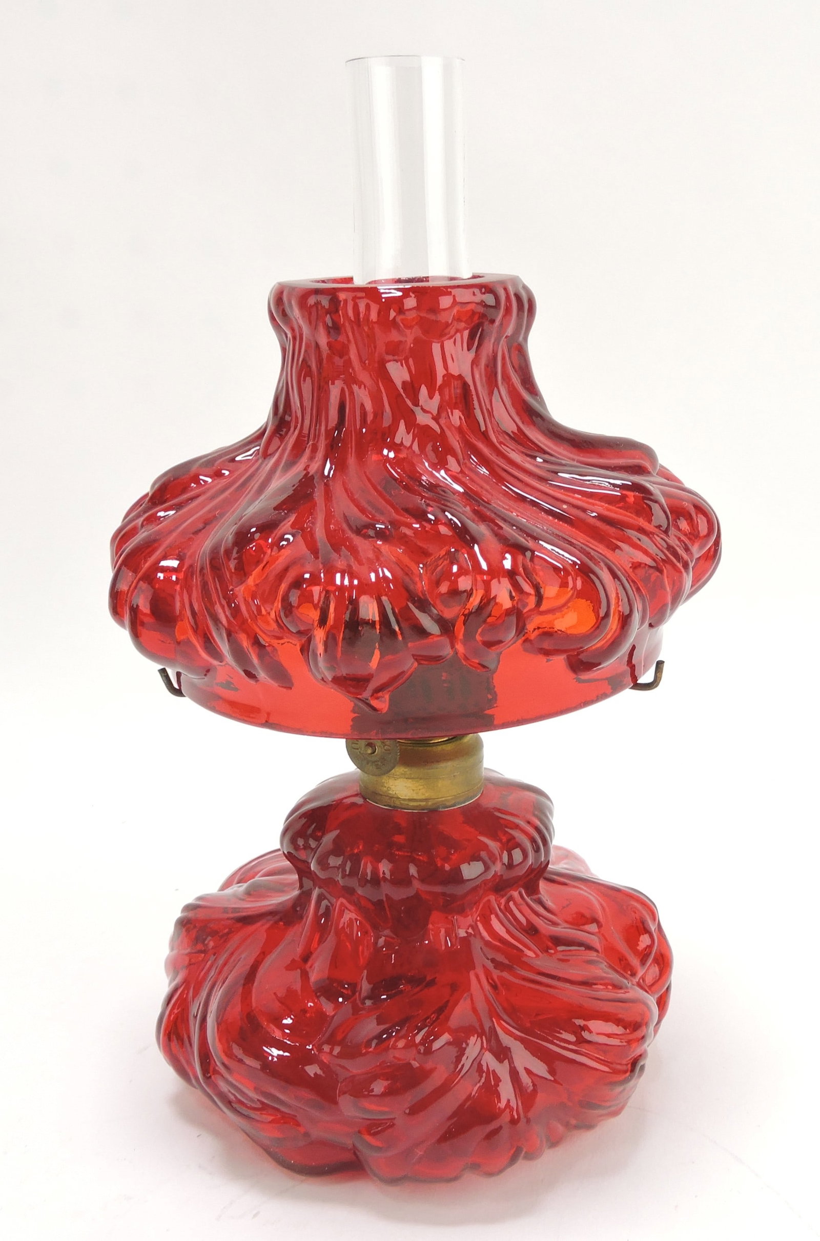 Red glossy glass miniature oil lamp,: 7"